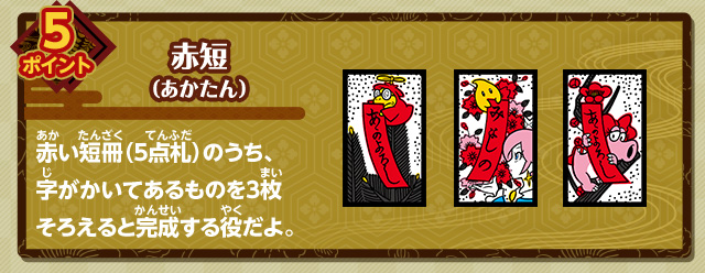 5ポイント 赤短 赤い短冊（5点札）のうち、字がかいてあるものを3枚そろえると完成する役だよ。