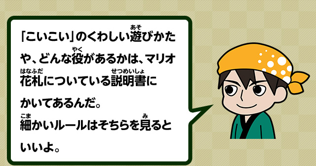 「こいこい」のくわしい遊びかたや、どんな役があるかは、マリオ花札についている説明書にかいてあるんだ。細かいルールはそちらを見るといいよ。