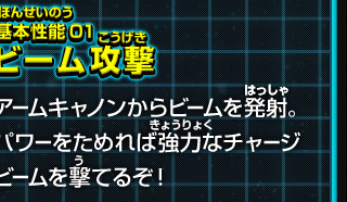 基本性能 01/ビーム攻撃　アームキャノンからビームを発射。パワーをためれば強力なチャージビームを撃てるぞ！