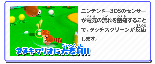 ニンテンドー3DSのセンサーが電気の流れを感知することで、タッチスクリーンが反応します。タヌキマリオに大変身！！