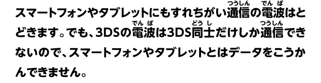スマートフォンやタブレットにもすれちがい通信の電波はとどきます。でも、3DSの電波は3DS同士だけしか通信できないので、スマートフォンやタブレットとはデータをこうかんできません。
