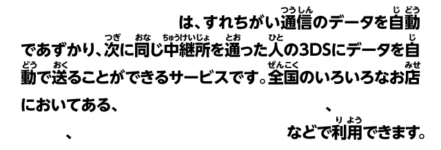 すれちがい通信中継所は、すれちがい通信のデータを自動であずかり、次に同じ中継所を通った人の3DSにデータを自動で送ることができるサービスです。全国のいろいろなお店においてある、ニンテンドー3DSステーション、ニンテンドーゾーン、FREESPOT（フリースポット）、などで利用できます。