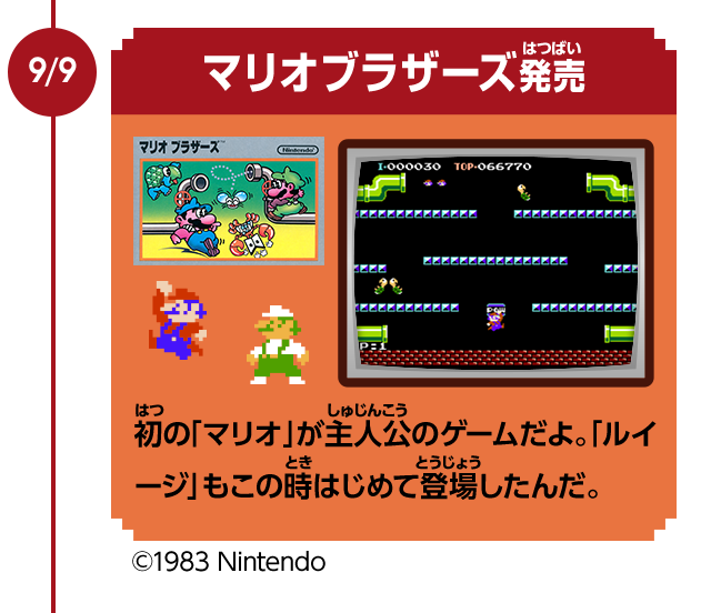 9/9　マリオブラザーズ発売　初の「マリオ」が主人公のゲームだよ。「ルイージ」もこの時はじめて登場したんだ。　©1983 Nintendo