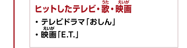 ヒットしたテレビ・歌・映画　・テレビドラマ「おしん」 ・映画「E.T.」