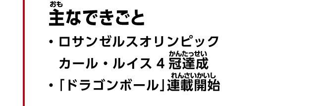 主なできごと　・ロサンゼルスオリンピック　カール・ルイス4冠達成　・「ドラゴンボール」連載開始
