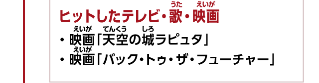 ヒットしたテレビ・歌・映画　・映画「天空の城ラピュタ」　・映画「バック・トゥ・ザ・フューチャー」