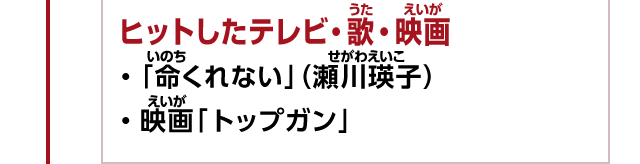 ヒットしたテレビ・歌・映画　・「命くれない」（瀬川瑛子）　・映画「トップガン」