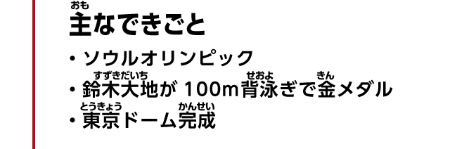 主なできごと　・ソウルオリンピック　・鈴木大地が100m背泳ぎで金メダル　・東京ドーム完成