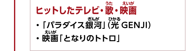 ヒットしたテレビ・歌・映画　・「パラダイス銀河」（光GENJI）　・映画「となりのトトロ」