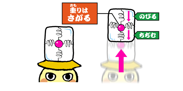 重りはさがる　上のバネはのびる・下のバネはちぢむ