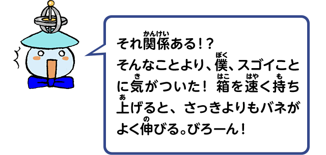 それ関係ある！？そんなことより、僕、スゴイことに気がついたんジャ！箱を速く持ち上げると、さっきよりもバネがよく伸びる。びろーん！