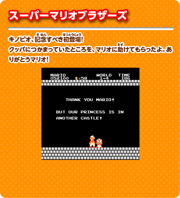 スーパーマリオブラザーズ キノピオ、記念すべき初登場！クッパにつかまっていたところを、マリオに助けてもらったよ。ありがとうマリオ！
