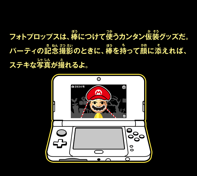 フォトプロップスは、棒につけて使うカンタン仮装グッズだ。パーティの記念撮影のときに、棒を持って顔に添えれば、ステキな写真が撮れるよ。