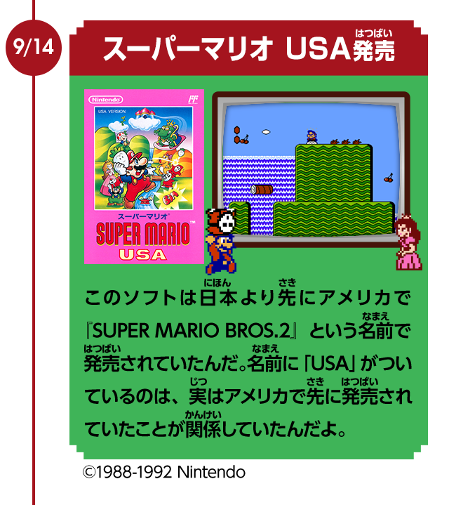 9/14　スーパーマリオ USA発売　このソフトは日本より先にアメリカで『SUPER MARIO BROS.2』という名前で発売されていたんだ。名前に「USA」がついているのは、実はアメリカで先に発売されていたことが関係していたんだよ。　©1988-1992 Nintendo