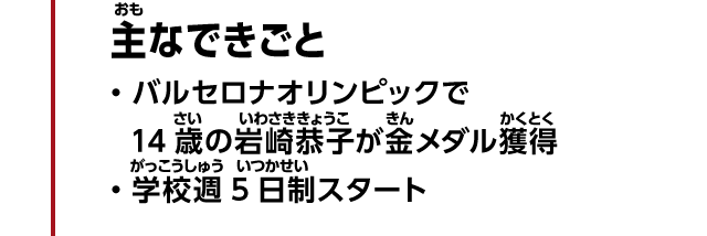 主なできごと　・バルセロナオリンピックで14歳の岩崎恭子が金メダル獲得　・学校週5日制スタート