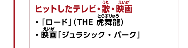 ヒットしたテレビ・歌・映画　・「ロード」(THE 虎舞竜)　・映画「ジュラシック・パーク」」