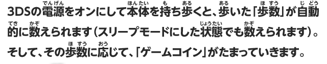 3DSの電源をオンにして本体を持ち歩くと、歩いた「歩数」が自動的に数えられます（スリープモードにした状態でも数えられます）。そして、その歩数に応じて、「ゲームコイン」がたまっていきます。