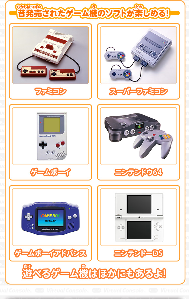 「ファミコン」「スーパーファミコン」「ゲームボーイ」「ニンテンドウ64」「ゲームボーイアドバンス」「ニンテンドーDS」遊べるゲーム機はほかにもあるよ！