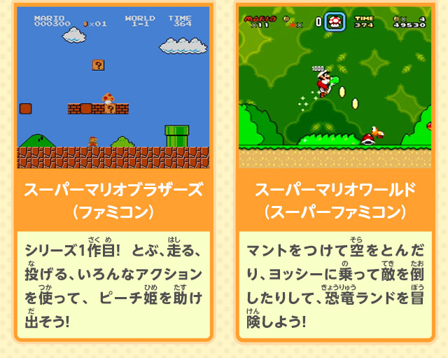 スーパーマリオブラザーズ（ファミコン）：シリーズ1作目！　とぶ、走る、投げる、いろんなアクションを使って、ピーチ姫を助け出そう！／スーパーマリオワールド（スーパーファミコン）マントをつけて空をとんだり、ヨッシーに乗って敵を倒したりして、恐竜ランドを冒険しよう！