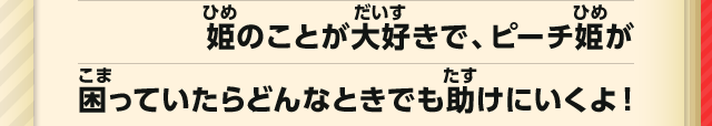 姫のことが大好きで、ピーチ姫が困っていたら、どんなときでも助けにいくよ！