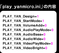 「play_yanmicro.ini」の内容／PLAY_YAN_Design=1 PLAY_YAN_StartMode=1 PLAY_YAN_VolumeAdd=0 PLAY_YAN_AudioPlayMode=0 PLAY_YAN_AudioBass=0 PLAY_YAN_AudioWide=0 PLAY_YAN_VideoPlayMode=0 PLAY_YAN_VideoBright=0