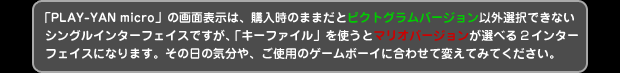 「PLAY-YAN micro」の画面表示は、購入時のままだとピクトグラムバージョン以外選択できないシングルインターフェイスですが、「キーファイル」を使うとマリオバージョンが選べる２インターフェイスになります。その日の気分や、ご使用のゲームボーイに合わせて変えてみてください。