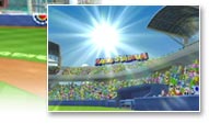 マリオスタジアム　ビーチサイドに建つ、輝く太陽に照らされたスタジアムです。オーソドックスな作りで、ギミックはありません。純粋に野球を楽しみたいときは、マリオスタジアムを選びましょう。