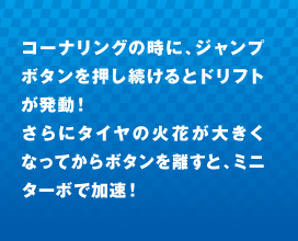 �R�[�i�����O�̎��ɁA�W�����v�{�^��������������ƃh���t�g�������I����Ƀ^�C���̉ΉԂ��傫���Ȃ��Ă���{�^���𗣂��ƁA�~�j�^�[�{�ŉ����I