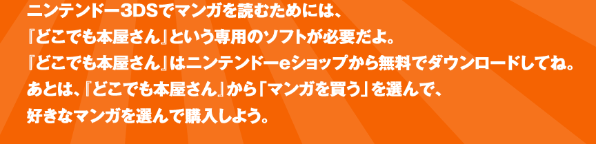 �j���e���h�[3DS�Ń}���K��ǂނ��߂ɂ́A�w�ǂ��ł��{������x�Ƃ�����p�̃\�t�g���K�v����B�w�ǂ��ł��{������x�̓j���e���h�[e�V���b�v���疳���Ń_�E�����[�h���ĂˁB���Ƃ́A�w�ǂ��ł��{������x����u�}���K�𔃂��v��I��ŁA�D���ȃ}���K��I��ōw�����悤�B