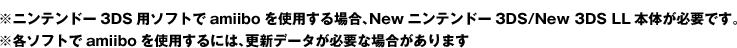 ���j���e���h�[3DS�p�\�t�g��amiibo���g�p����ꍇ�ANew�j���e���h�[3DS/New 3DS LL�{�̂��K�v�ł��B���e�\�t�g��amiibo���g�p����ɂ́A�X�V�f�[�^���K�v�ȏꍇ������܂�