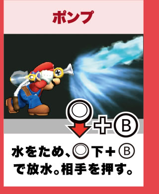 ポンプ 水をため、スライドボタン下+Bで放水。相手を押す。