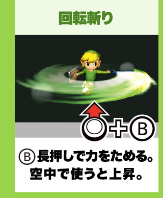 回転斬り B長押しで力をためる。空中で使うと上昇。