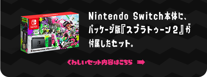Nintendo Switch本体に、パッケージ版『スプラトゥーン2』が付属したセット。 くわしいセット内容はこちら