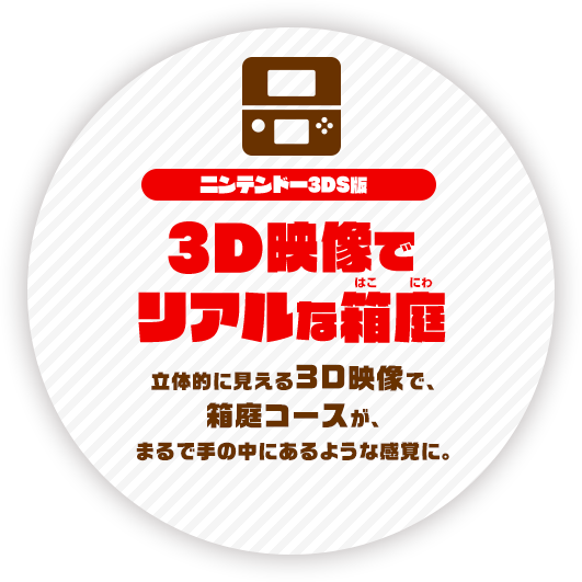 ニンテンドー3DS版 3D映像でリアルな箱庭 立体的に見える3D映像で、箱庭コースが、まるで手の中にあるような感覚に。