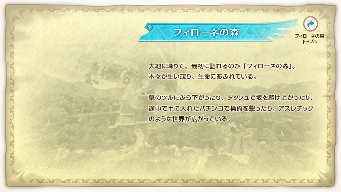 �t�B���[�l�̐X / ��n�ɍ~��āA�ŏ��ɖK���̂��u�t�B���[�l�̐X�v�B�؁X�������΂�A�����ɂ��ӂ�Ă���B���̃c���ɂԂ牺��������A�_�b�V���ō���삯�オ������A�r���Ŏ�ɓ��ꂽ�p�`���R�ŕW�I����������B�A�X���`�b�N�̂悤�Ȑ��E���L�����Ă���B