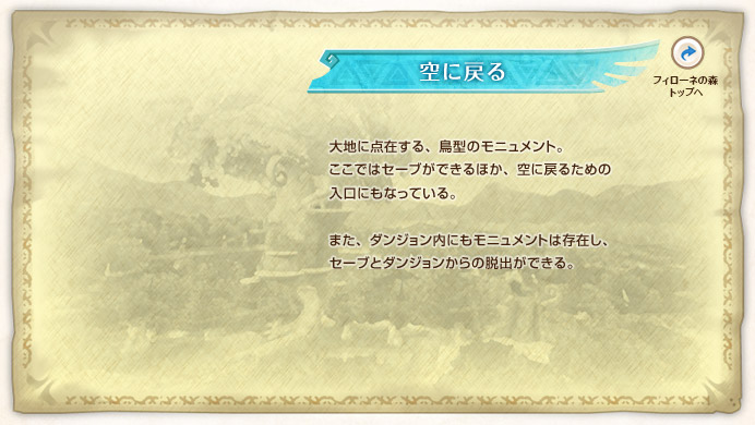 ��ɖ߂� / ��n�ɓ_�݂���A���^�̃��j�������g�B�����ł̓Z�[�u���ł���ق��A��ɖ߂邽�߂̓����ɂ��Ȃ��Ă���B�܂��A�_���W�������ɂ����j�������g�͑��݂��A�Z�[�u�ƃ_���W��������̒E�o���ł���B