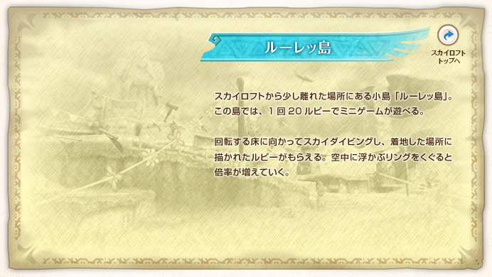 ���[���b�� / �X�J�C���t�g���班�����ꂽ�ꏊ�ɂ��鏬���u���[���b���v�B���̓��ł́A1��20���s�[�Ń~�j�Q�[�����V�ׂ�B��]���鏰�Ɍ������ăX�J�C�_�C�r���O���A���n�����ꏊ�ɕ`���ꂽ���s�[�����炦��B�󒆂ɕ����ԃ����O��������Ɣ{���������Ă����B