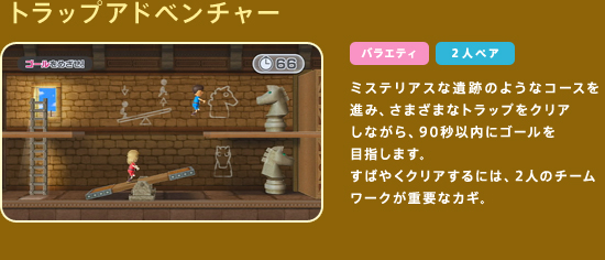 �g���b�v�A�h�x���`���[�@�~�X�e���A�X�Ȉ�Ղ̂悤�ȃR�[�X��i�݁A���܂��܂ȃg���b�v���N���A���Ȃ���A90�b�ȓ��ɃS�[����ڎw���܂��B���΂₭�N���A����ɂ́A2�l�̃`�[�����[�N���d�v�ȃJ�M�B