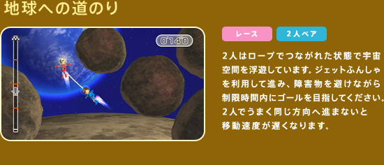 �n���ւ̓��̂�@2�l�̓��[�v�łȂ��ꂽ��ԂŉF����Ԃ𕂗V���Ă��܂��B�W�F�b�g�ӂ񂵂�𗘗p���Đi�݁A��Q��������Ȃ��琧�����ԓ��ɃS�[����ڎw���Ă��������B2�l�ł��܂����������֐i�܂Ȃ��ƈړ����x���x���Ȃ�܂��B