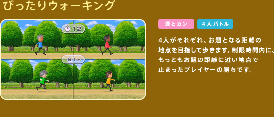 �҂�����E�H�[�L���O�@4�l�����ꂼ��A����ƂȂ鋗���̒n�_��ڎw���ĕ����܂��B�������ԓ��ɁA�����Ƃ�����̋����ɋ߂��n�_�Ŏ~�܂����v���C���[�̏����ł��B