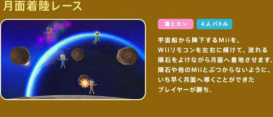 ���ʒ������[�X�@�F���D����~������Mii���AWii�����R�������E�ɌX���āA�����覐΂��悯�Ȃ��猎�ʂ֒��n�����܂��B覐΂⑼��Mii�ƂԂ���Ȃ��悤�ɁA�����������ʂ֓������Ƃ��ł����v���C���[�������B