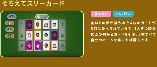 ���낦�ăX���[�J�[�h�@�eMii�̊炪�`���ꂽ4���̃J�[�h��3��ɕ��ׂ��Ă��܂��B1�l�����Ԃɏ�̗񂩂�J�[�h�������A3�����ׂĎ����̃J�[�h�𓖂Ă�Ώ����ł��B