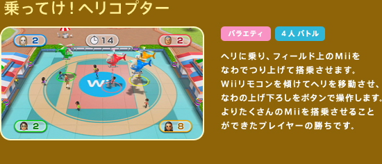 ����Ă��I�w���R�v�^�[�@�w���ɏ��A�t�B�[���h��̂l�������Ȃ�ł�グ�ē��悳���܂��BWii�����R�����X���ăw�����ړ������A�Ȃ�̏グ���낵���{�^���ő��삵�܂��B��肽�������Mii�𓋏悳���邱�Ƃ��ł����v���C���[�̏����ł��B