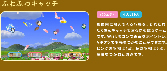 �ӂ�ӂ�L���b�`�@��ʓ��ɔ��ł���H�����A�ǂꂾ����������L���b�`�ł��邩�������Q�[���ł��BWii�����R���ŉ�ʂ��|�C���g���AA�{�^���ŉH�������ނ��Ƃ��ł��܂��B�s���N�̉H����1�_�A���̉H����3�_�B�͗t�����ނƌ��_�ł��B