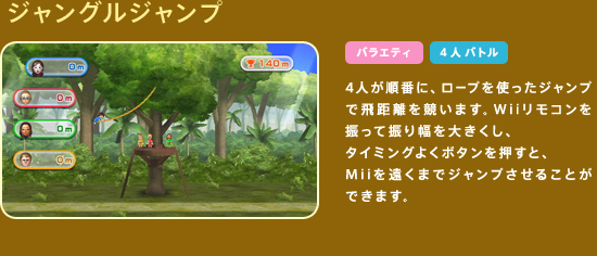 �W�����O���W�����v�@4�l�����ԂɁA���[�v���g�����W�����v�Ŕ򋗗��������܂��BWii�����R����U���ĐU�蕝��傫�����A�^�C�~���O�悭�{�^���������ƁAMii�������܂ŃW�����v�����邱�Ƃ��ł��܂��B