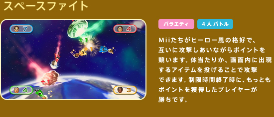 �X�y�[�X�t�@�C�g�@Mii�������q�[���[���̊i�D�ŁA�݂��ɍU���������Ȃ���|�C���g�������܂��B�̓����肩�A��ʓ��ɏo������A�C�e���𓊂��邱�ƂōU���ł��܂��B�������ԏI�����ɁA�����Ƃ��|�C���g���l�������v���C���[�������ł��B