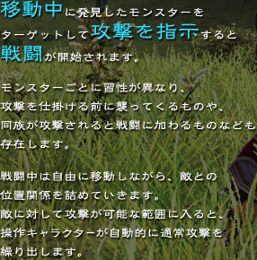 �ړ����ɔ������������X�^�[���^�[�Q�b�g���čU�����w������Ɛ퓬���J�n����܂��B�����X�^�[���ƂɏK�����قȂ�A�U�����d�|����O�ɏP���Ă�����̂�A�������U�������Ɛ퓬�ɉ������̂Ȃǂ����݂��܂��B�퓬���͎��R�Ɉړ����Ȃ���A�G�Ƃ̈ʒu�֌W���l�߂Ă����܂��B�G�ɑ΂��čU�����\�Ȕ͈͂ɓ���ƁA����L�����N�^�[�������I�ɒʏ�U�����J��o���܂��B