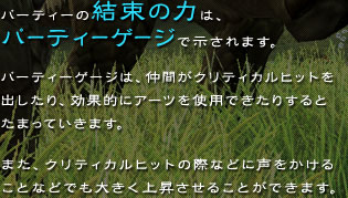 �p�[�e�B�[�̌����̗͂́A�p�[�e�B�[�Q�[�W�Ŏ�����܂��B�p�[�e�B�[�Q�[�W�́A���Ԃ��N���e�B�J���q�b�g���o������A���ʓI�ɃA�[�c���g�p�ł����肷��Ƃ��܂��Ă����܂��B�܂��A�N���e�B�J���q�b�g�̍ۂȂǂɐ��������邱�ƂȂǂł��傫���㏸�����邱�Ƃ��ł��܂��B