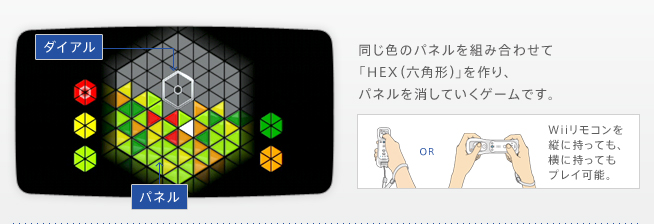 同じ色のパネルを組み合わせて「HEX（六角形）」を作り、パネルを消していくゲームです。