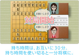 ゲーム画面:持ち時間は、お互いに30分。持ち時間を使い切ると一分将棋に。